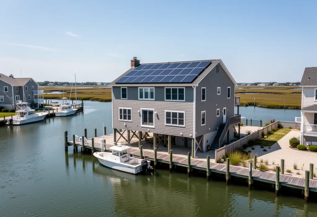 A raised waterfront house with rooftop solar panels on a canal in south shore Nassau County, boats and flat coastal landscape