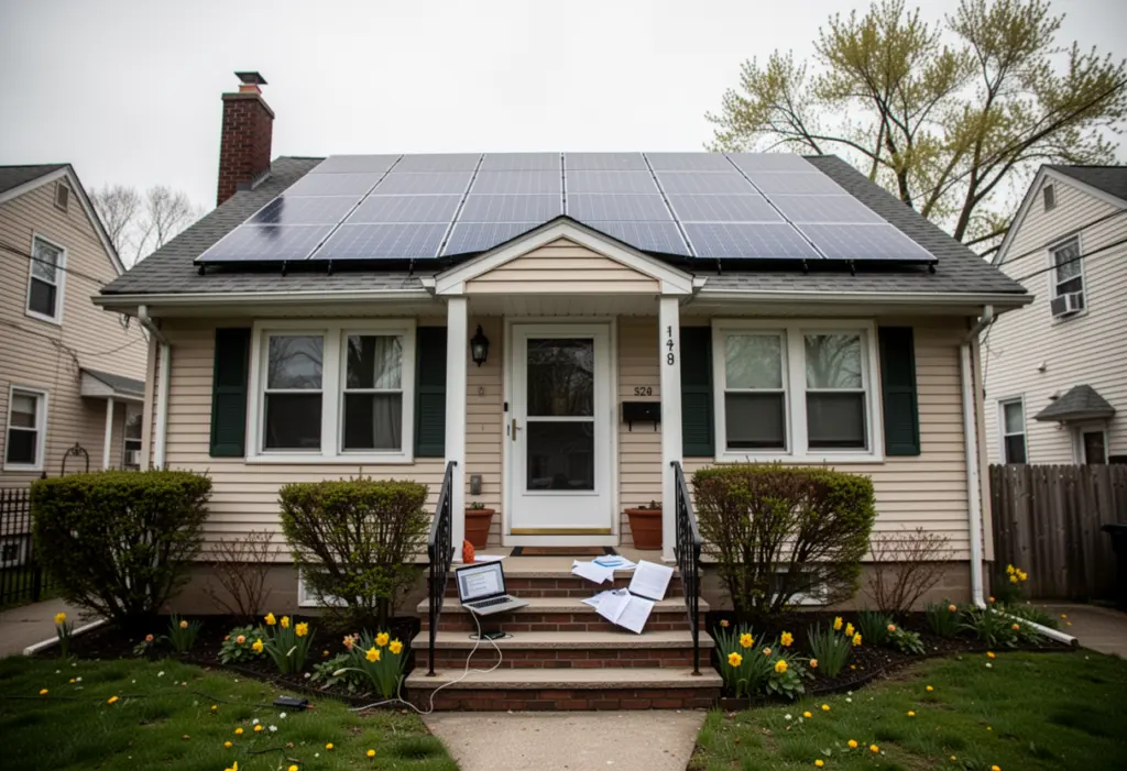 A suburban New York house with a new rooftop solar array and an open laptop and paperwork on the front porch steps