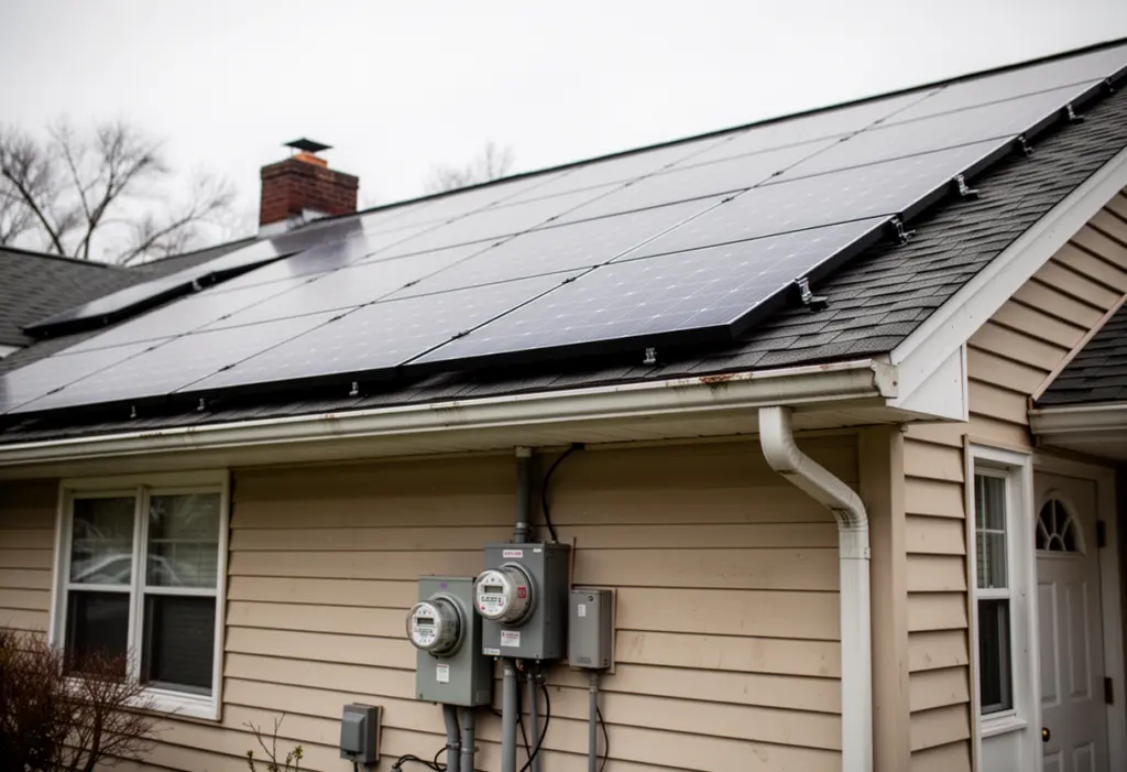 A completed rooftop solar array on a suburban New York house with a utility meter and disconnect box on the exterior wall below