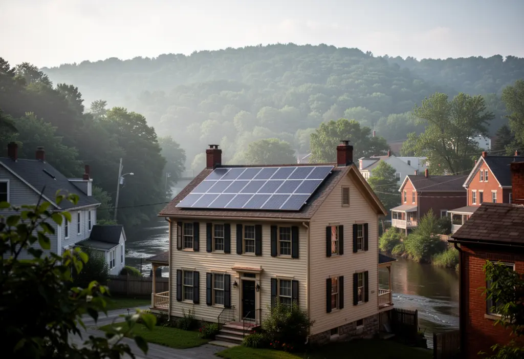 A nineteenth century house with solar panels on a rear roof plane in a narrow river valley town in the Southern Tier of New York