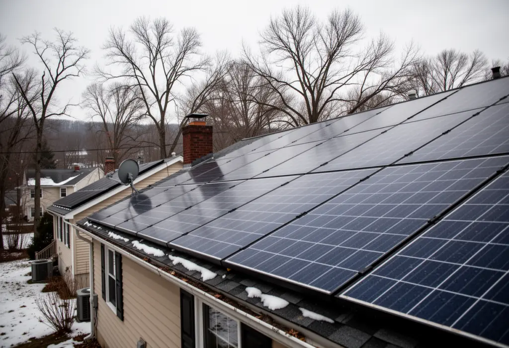 A residential rooftop solar array photographed from ground level on a winter day in the lower Hudson Valley, bare trees
