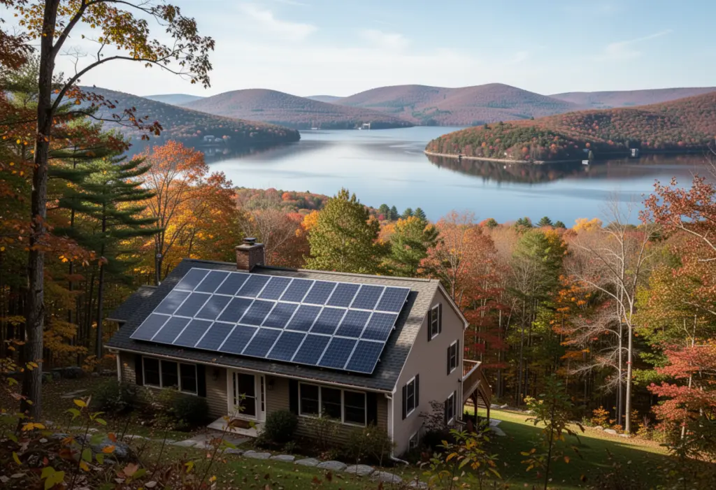 A wooded hillside house with rooftop solar panels overlooking a reservoir in Putnam County New York, still water and low ridges