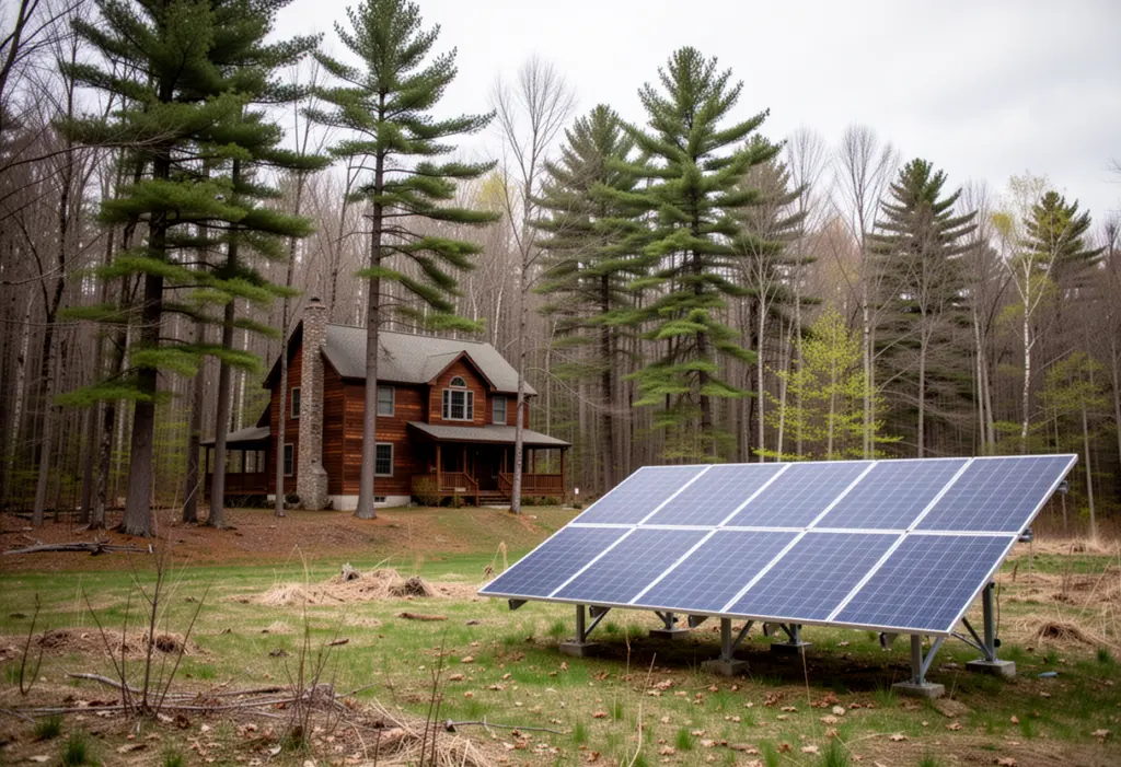 A wooden house among tall second growth forest in Sullivan County New York with a ground mounted solar array in a cleared meadow