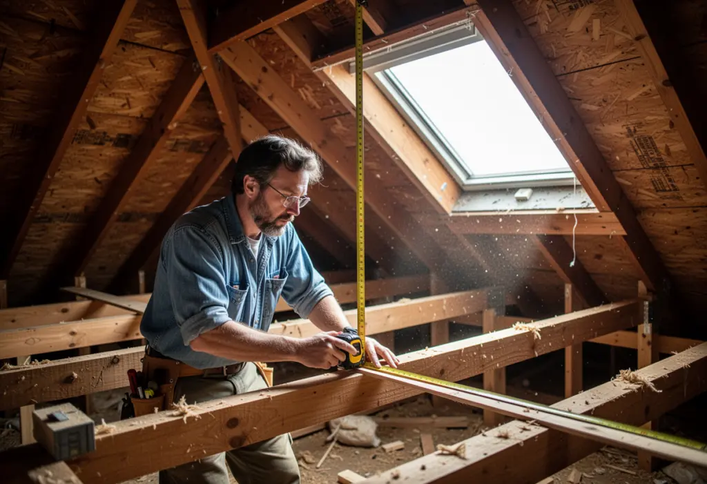 An engineer measuring roof rafters with a tape in a dusty residential attic in upstate New York, daylight through a gable vent