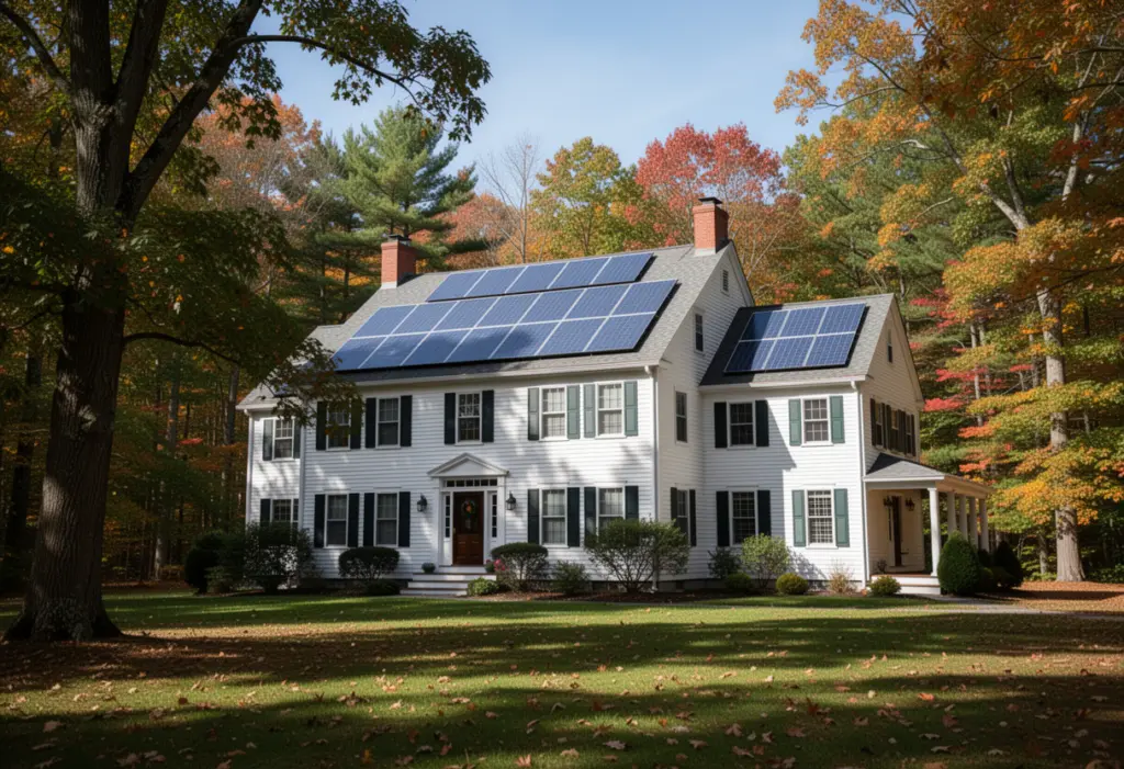 A large colonial house with rooftop solar panels on a rear roof plane on a wooded lot in Monroe County New York