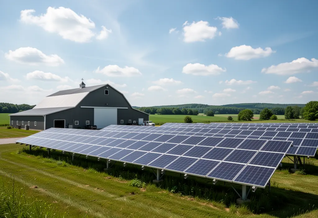 A ground-mounted solar array beside a large barn on flat open farmland in western New York, wide sky and distant treeline