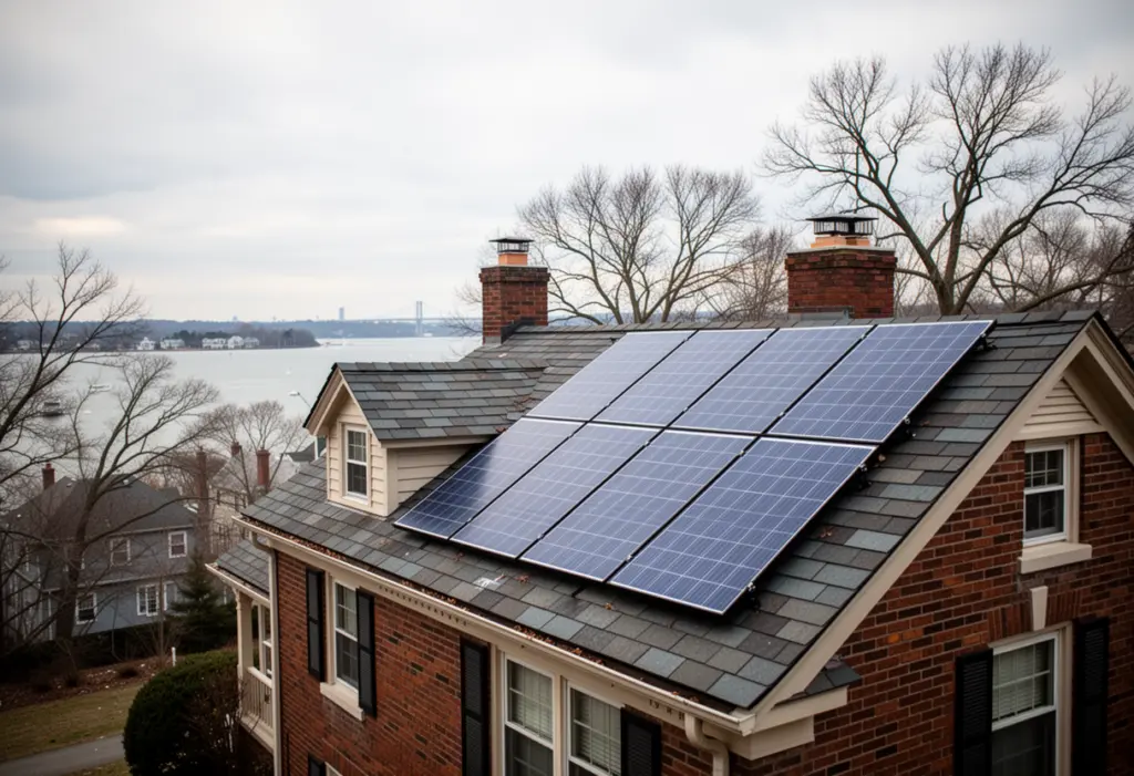 A 1920s brick and slate roofed house with solar panels in New Rochelle New York, Long Island Sound visible beyond bare trees