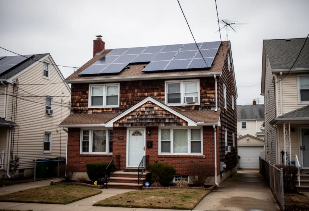 A two family brick and shingle house with rooftop solar panels on a dense residential street in western Nassau County Long Island