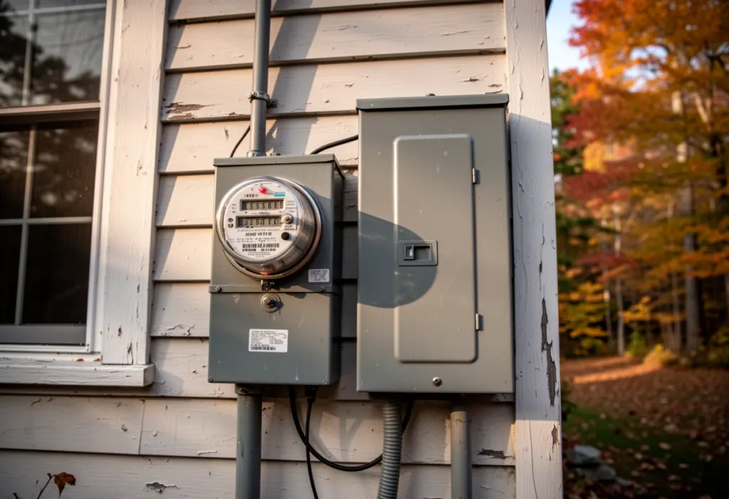 An electricity meter and grey service panel mounted on the clapboard wall of an upstate New York house