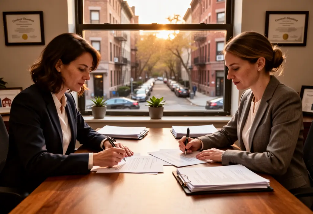 Two people signing property documents across a desk in a real estate office with a window view of a residential street in New York