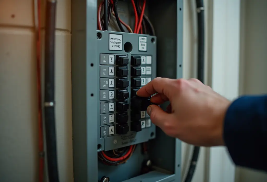 Close-up of a residential electrical service panel in a New York home's basement or utility room, an electrician's hands working on the breakers