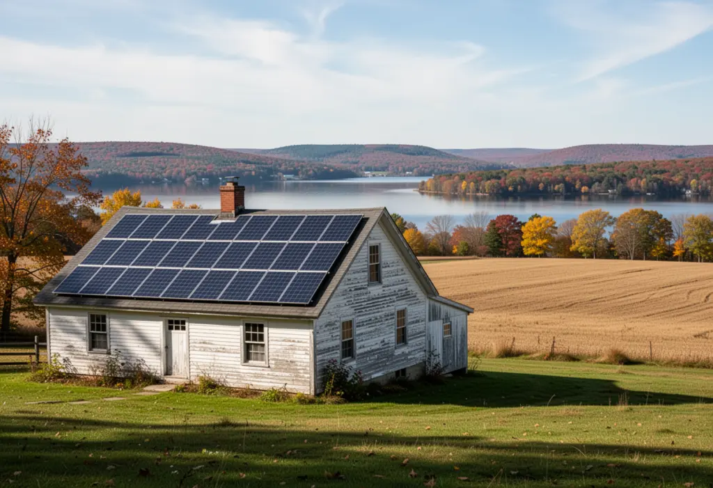 A farmhouse with rooftop solar panels beside open fields in the Finger Lakes of central New York, a lake visible in the distance