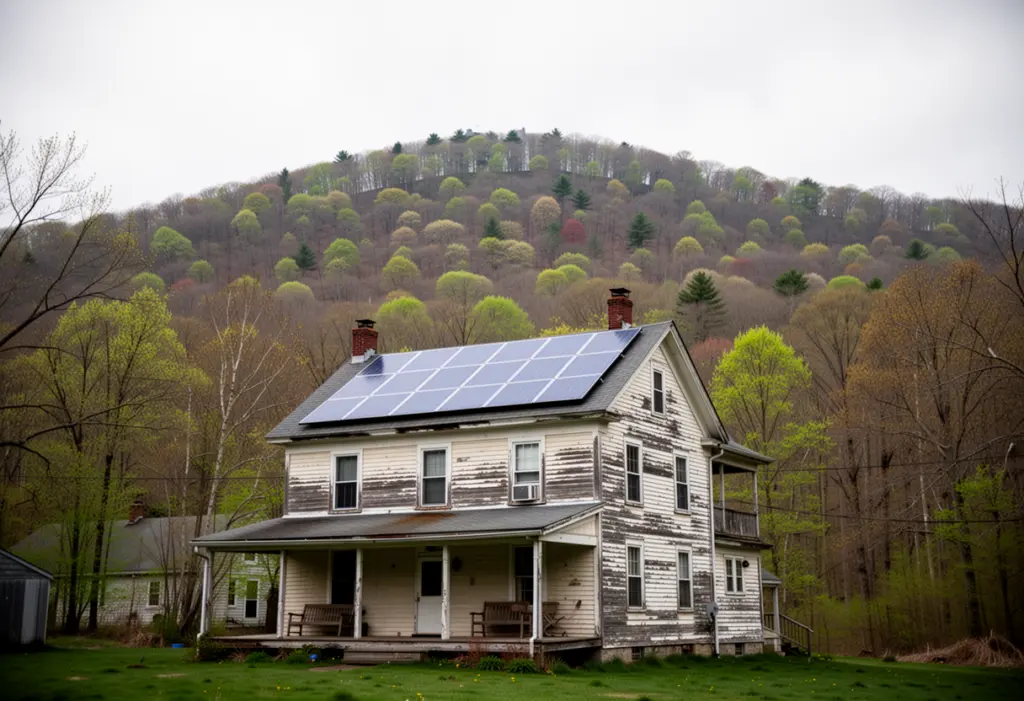 An early twentieth century wood frame house with rooftop solar panels below a forested ridge in the Ramapo Mountains of Rockland County New York