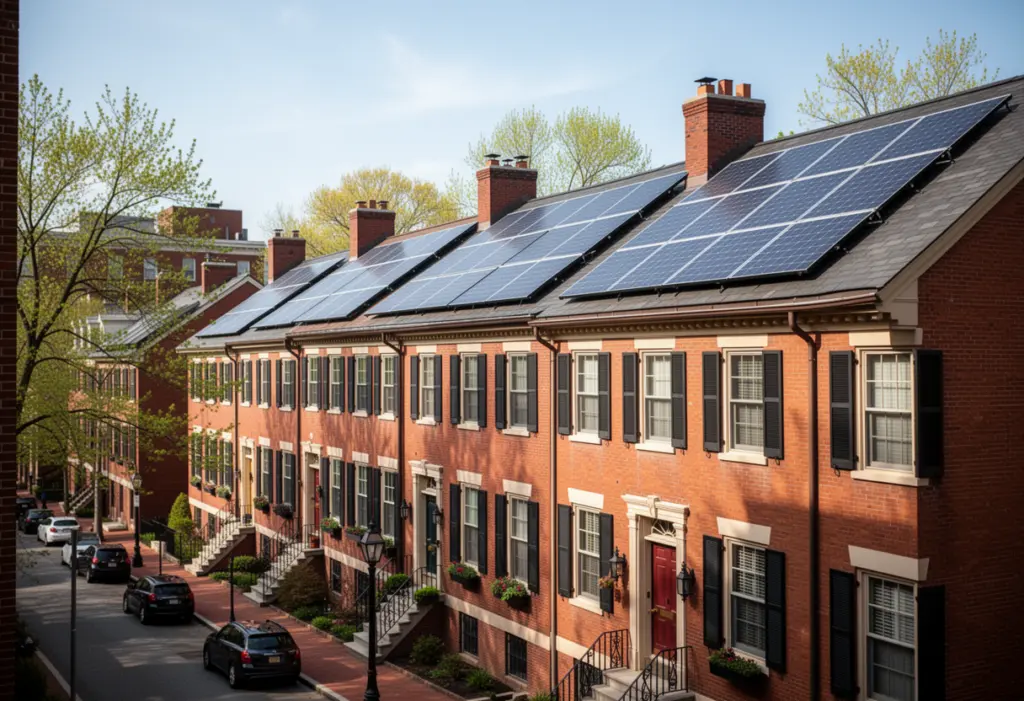 Solar panels on the roof of a nineteenth century brick row house in Albany New York, historic streetscape