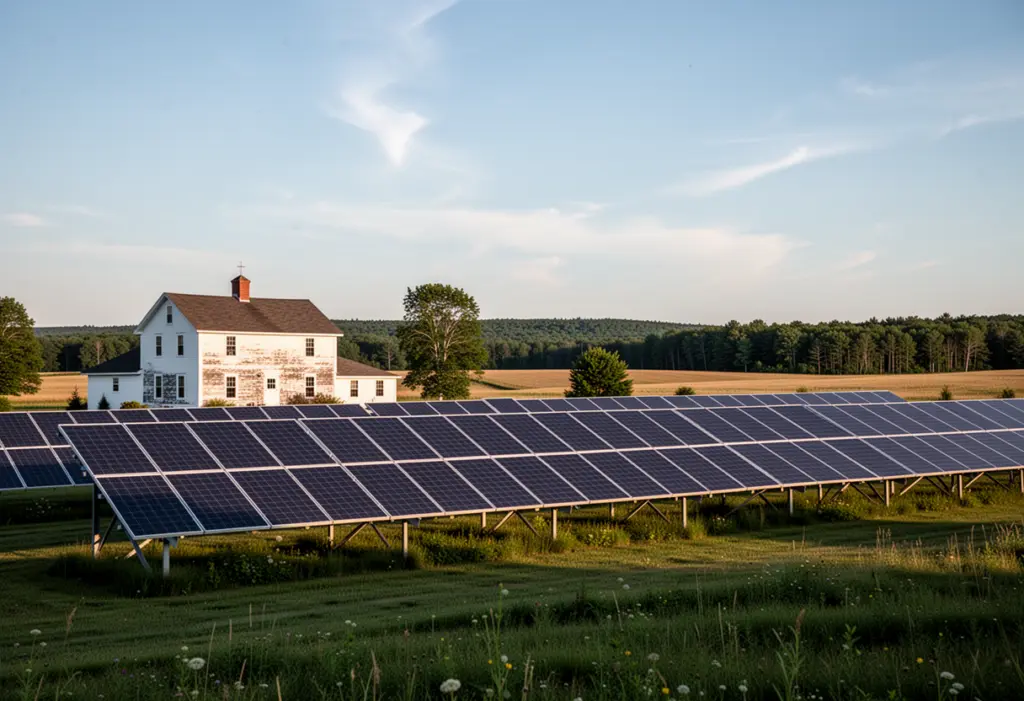 A farmhouse with a ground-mounted solar array in open farmland in northern New York, big sky and a distant treeline