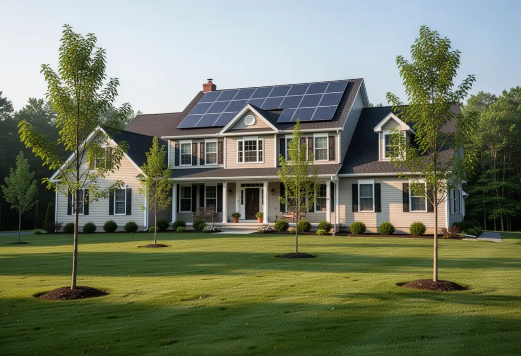 A newer colonial-style suburban house with rooftop solar panels in Saratoga County New York, broad lawn and young trees