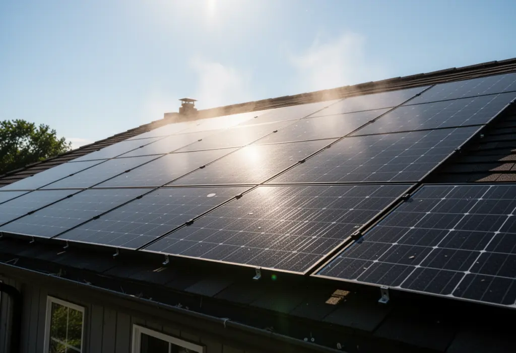 Dark rooftop solar panels on a low pitch roof in high summer with heat haze above the ridge, strong midday sun