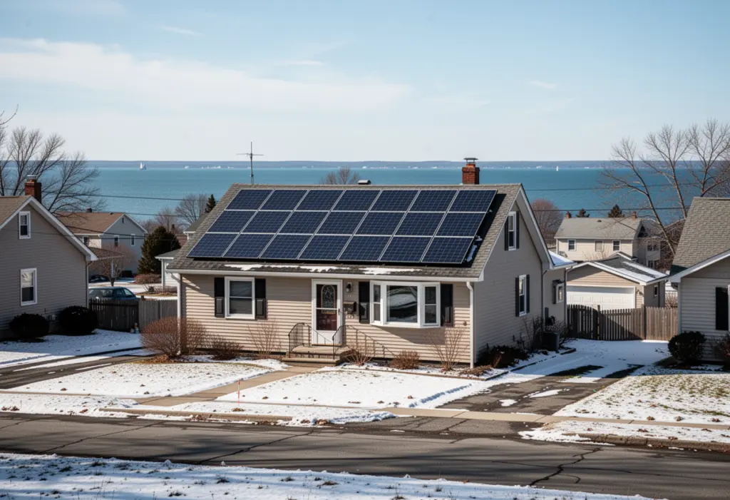 A ranch house with rooftop solar panels on a suburban street near the Lake Ontario shore in Monroe County New York