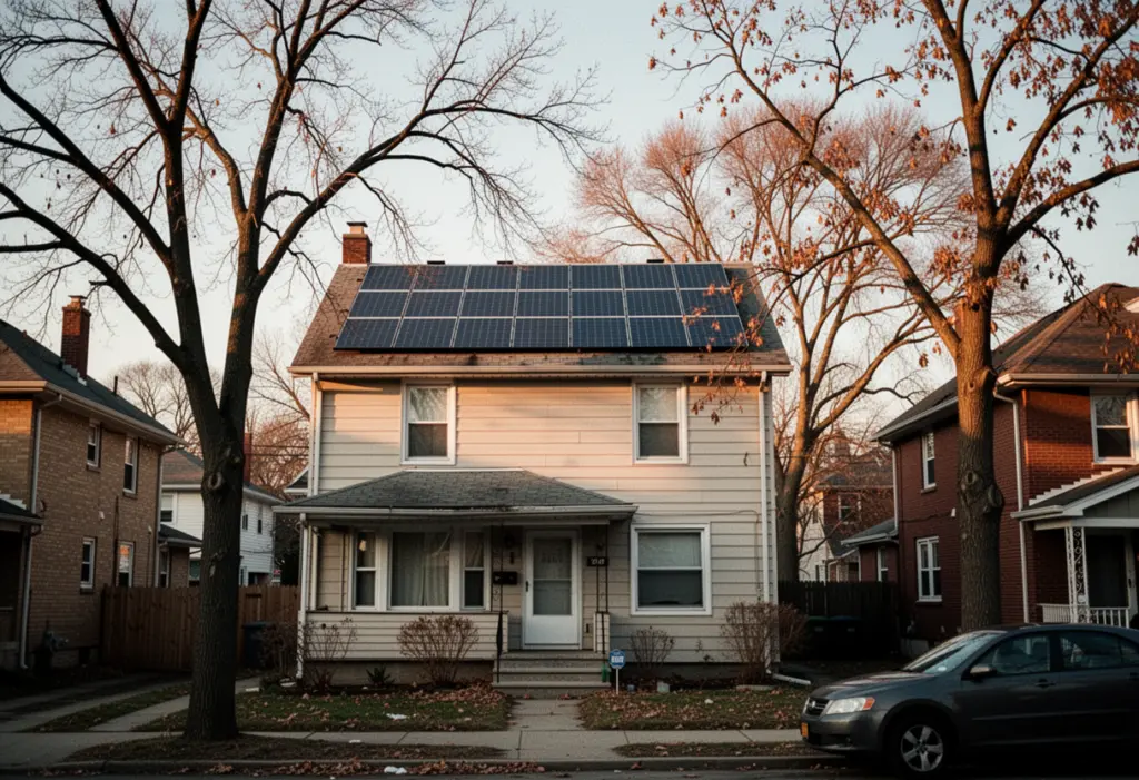 A modest two storey house in a New York suburb with a rooftop solar array in late afternoon light, bare maple trees