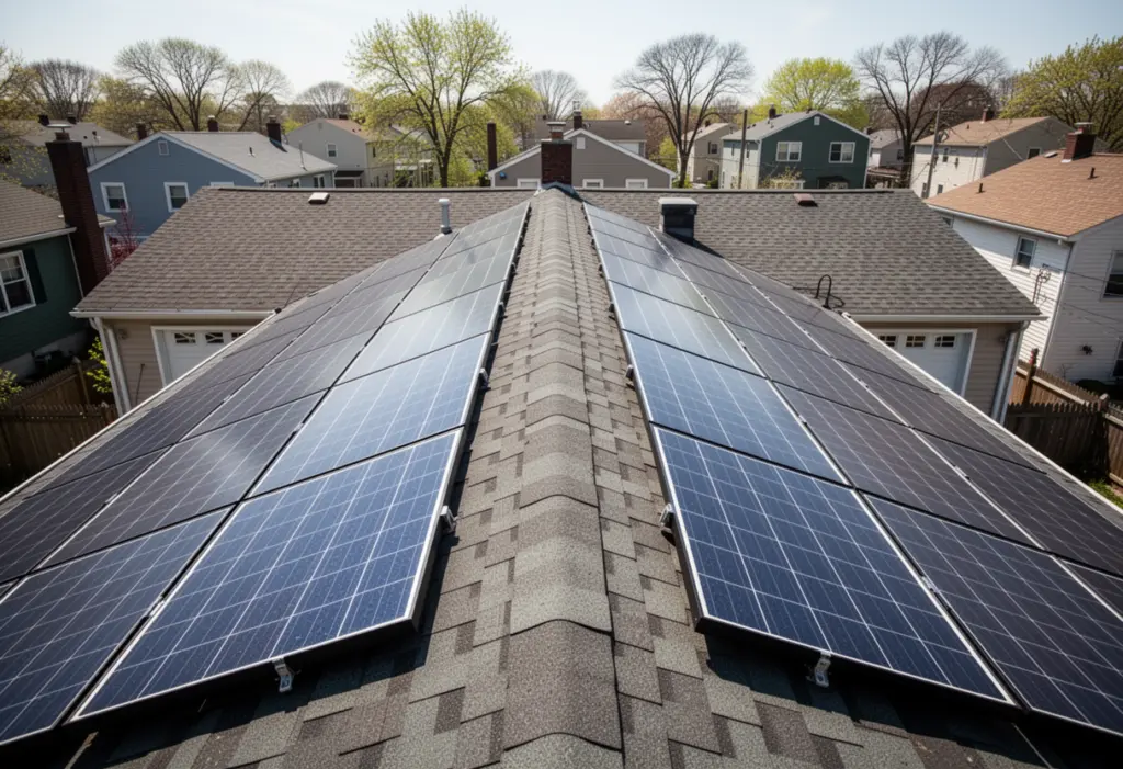 A residential roof with solar panels arranged leaving a clear pathway along the ridge and edges, seen from an elevated angle