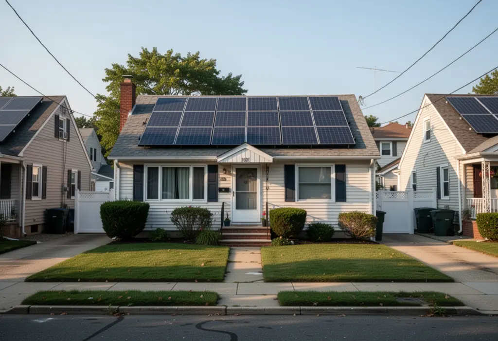 A modest post-war Cape Cod house with rooftop solar panels on a dense suburban street in Nassau County, neat front lawn