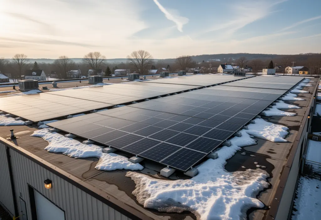 A large flat warehouse roof covered with a ballasted solar array in western New York, low winter sun and patches of snow
