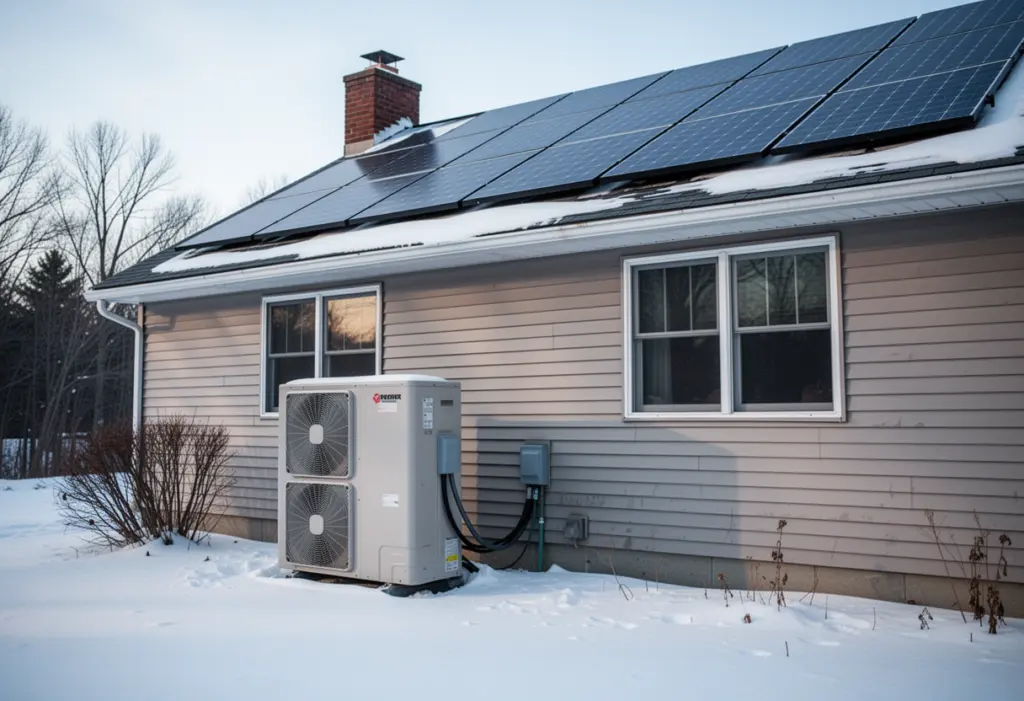 An air source heat pump outdoor unit beside a house with rooftop solar panels in winter in upstate New York, snow on the ground