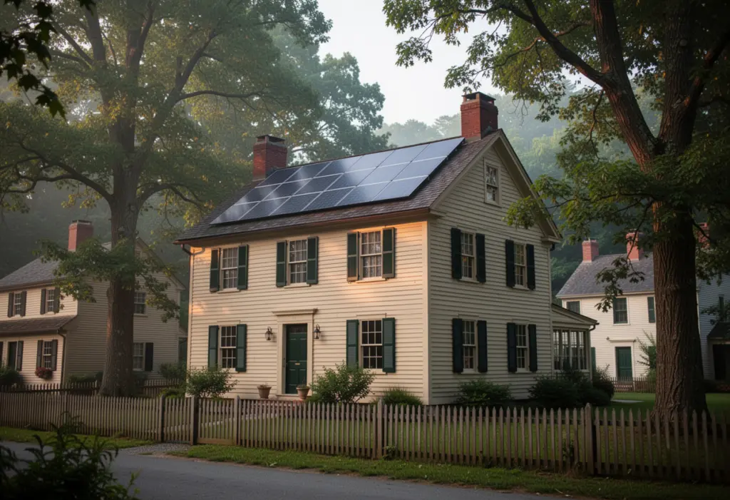 A nineteenth century clapboard house with discreet rooftop solar panels on a rear plane in a historic Hudson Valley village