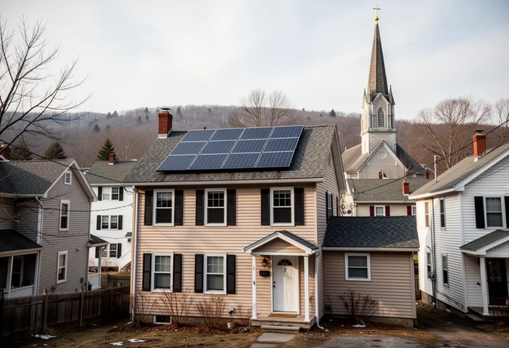 A compact two storey village house with a small rooftop solar array in Johnson City New York, close neighbouring rooftops and a church spire beyond
