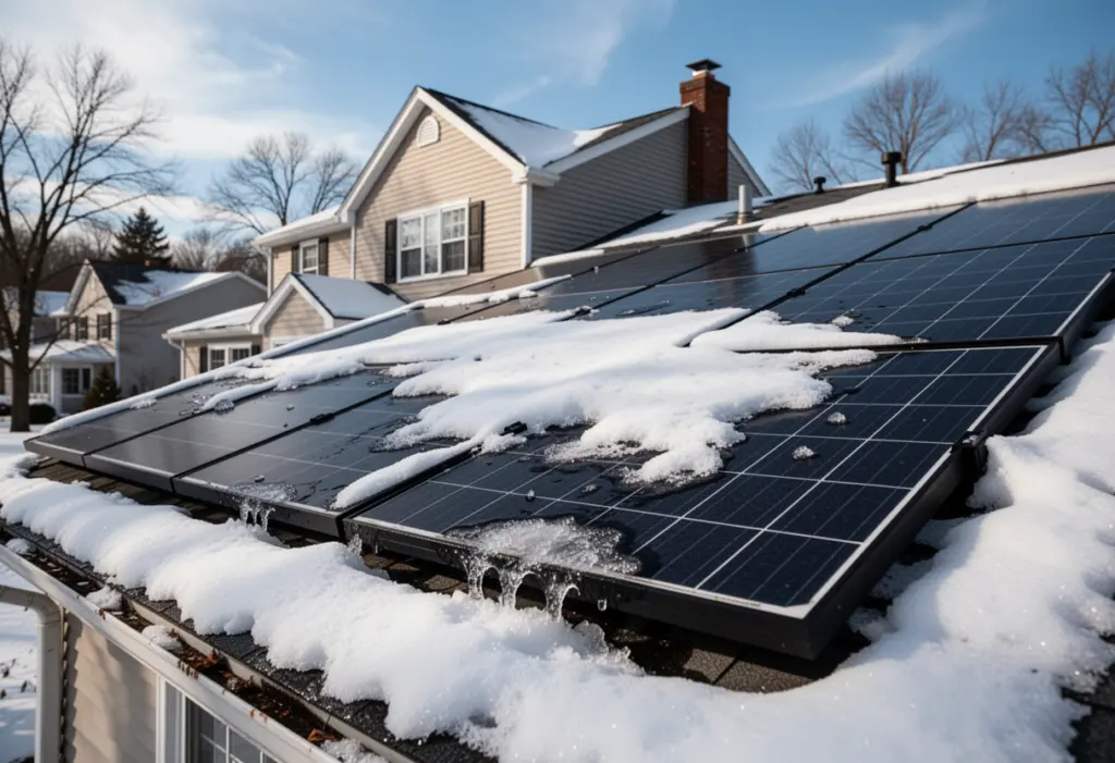 A residential rooftop solar array partly covered in melting snow, dark panel edges showing through, upstate New York suburban house