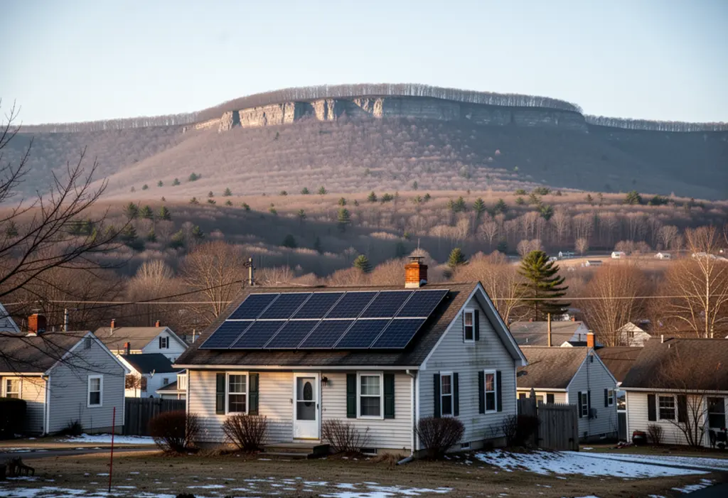 A small village house with rooftop solar panels in the Rondout Valley below the Shawangunk Ridge in Ulster County New York