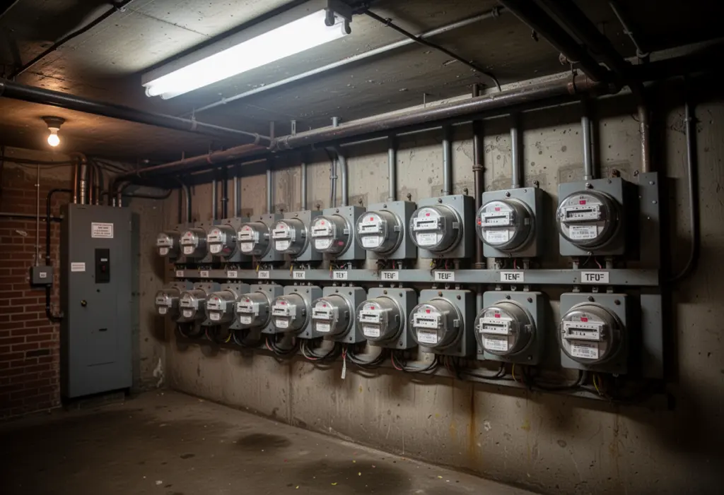 The electrical service room of a Brooklyn apartment building with rows of tenant meters on the wall