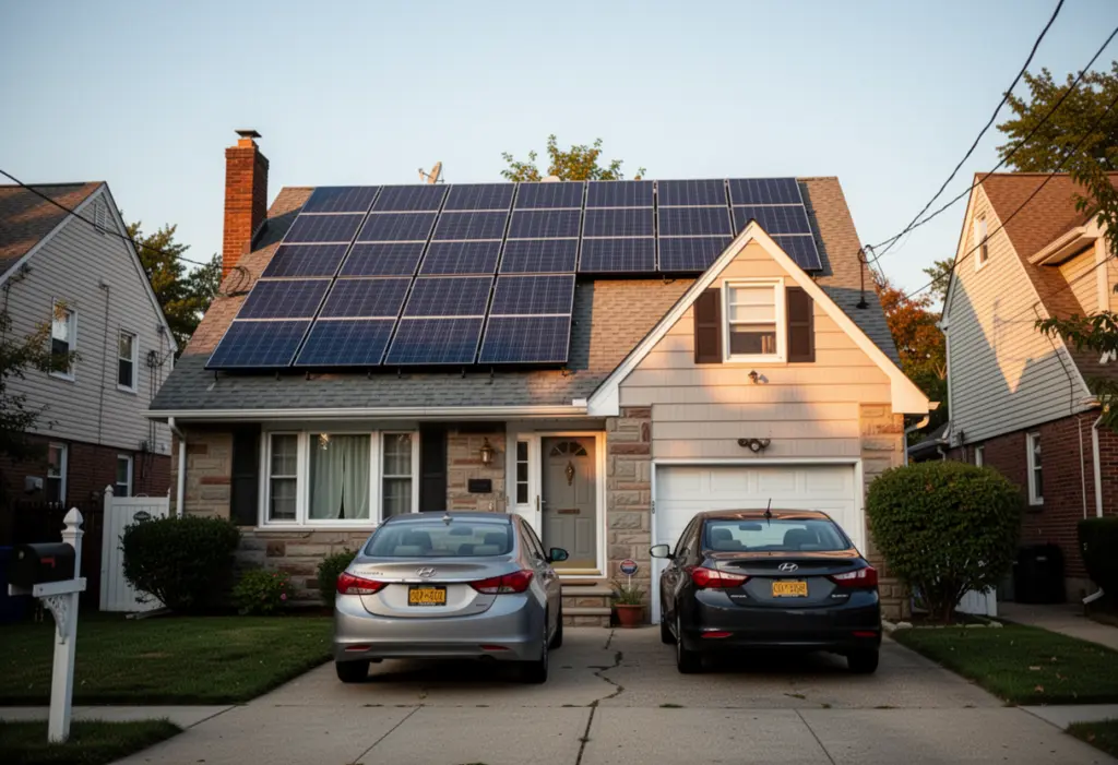 A suburban New York home with a rooftop solar array seen from the driveway in late afternoon light, two parked cars