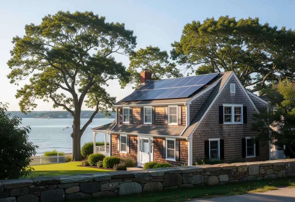 A shingled coastal house with rooftop solar panels near Long Island Sound in Rye, Westchester County, New York, mature trees and a low stone wall