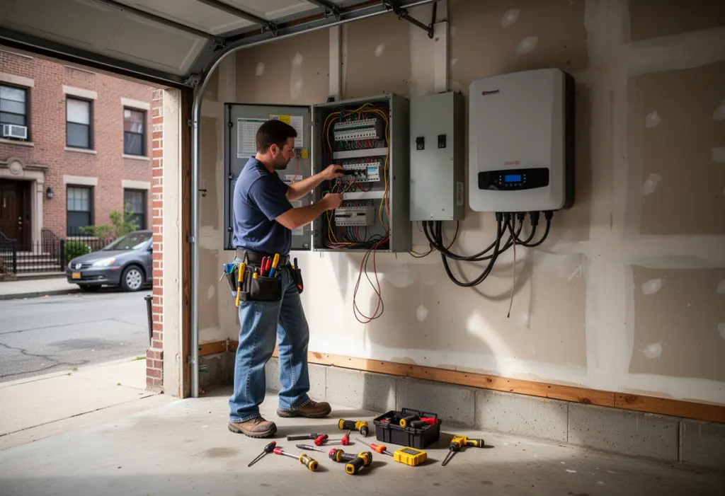 An electrician working at an open electrical panel and inverter on a garage wall in a New York home, tools on the floor