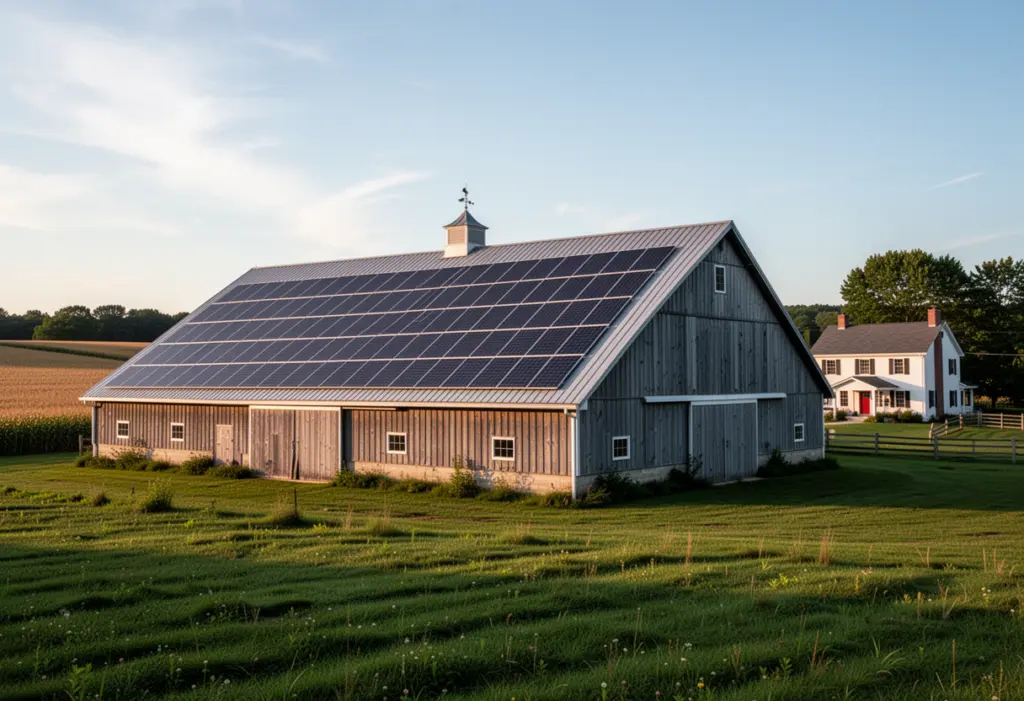 A large barn with solar panels covering its south-facing metal roof on a New York farm, fields and a farmhouse nearby