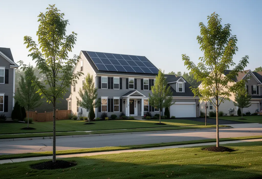 A newer colonial house with rooftop solar panels on a wide suburban street east of Rochester New York, young trees and open lawns