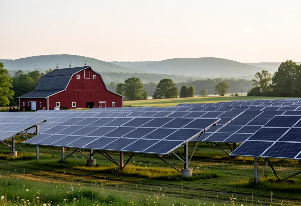 A ground mounted solar array in a field beside a red barn on farmland in Warwick, New York