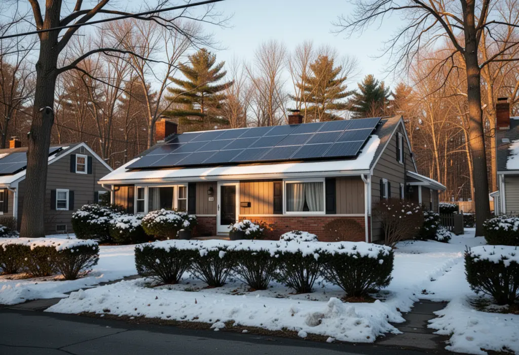 A mid century suburban house with rooftop solar panels on a wooded street east of Syracuse in central New York, fresh snow on lawns and hedges