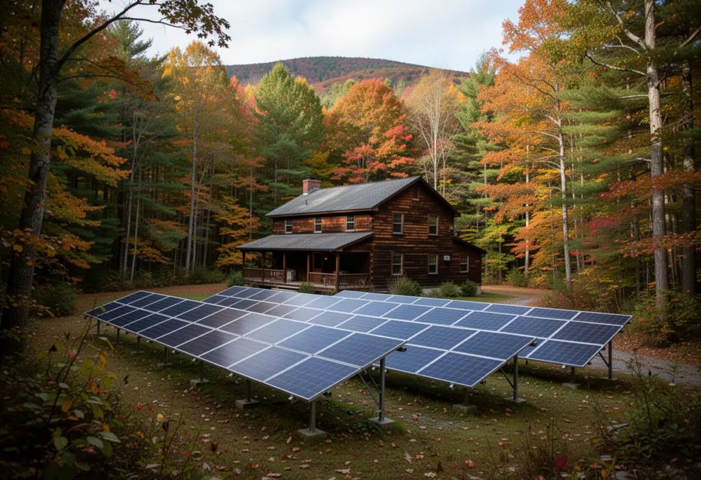 A wooden house with a ground-mounted solar array in a clearing surrounded by dense Catskill forest near Woodstock New York
