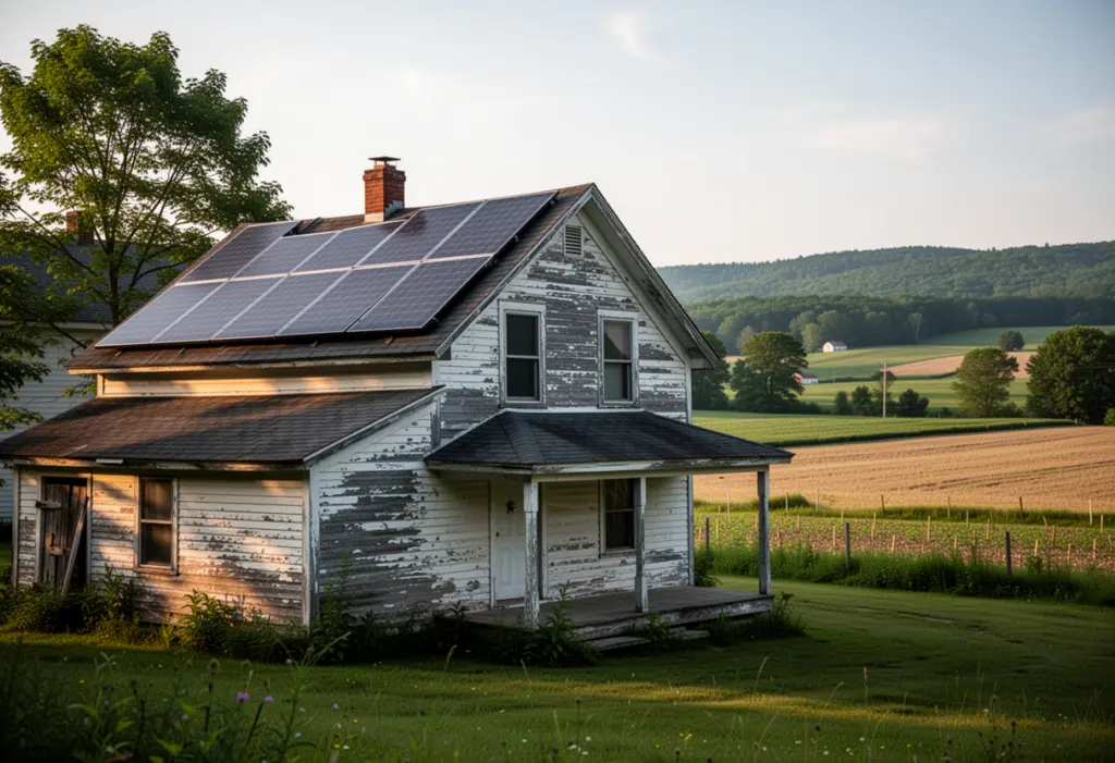 An older village house with rooftop solar panels and open farmland beyond it in the Mohawk Valley of central New York