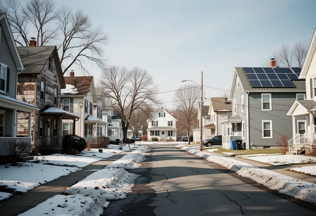 A suburban street in western New York with a mix of older and newer houses, rooftop solar panels on one of them