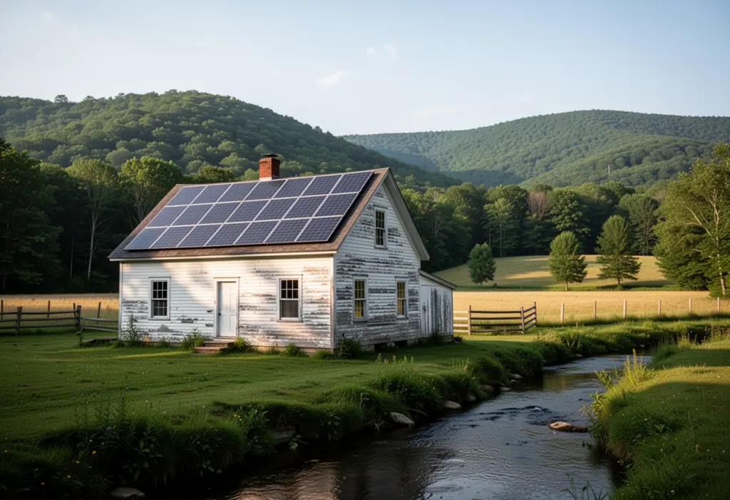 A farmhouse with rooftop solar panels in the Schoharie valley of New York, a creek and open fields below wooded hills