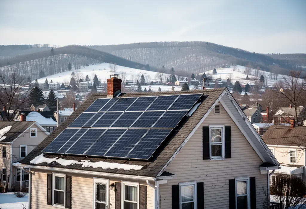 A steep-roofed house with rooftop solar panels in a Mohawk Valley town in New York, snow-covered hills behind