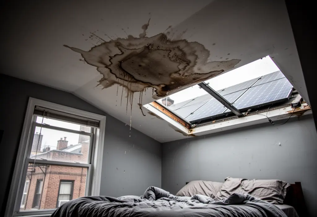A water stain on a bedroom ceiling below a roof carrying solar panels in a New York house, grey daylight through the window