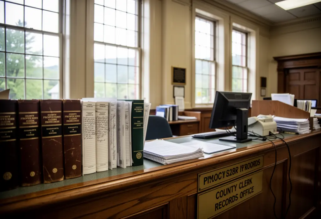 A county clerk records office counter with property record books and a computer terminal, daylight through tall windows