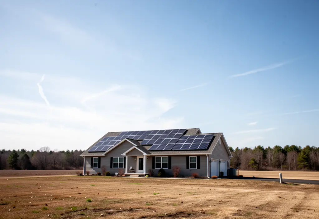 A suburban house with rooftop solar panels on a flat open lot south of Rochester New York, wide sky and low treeline