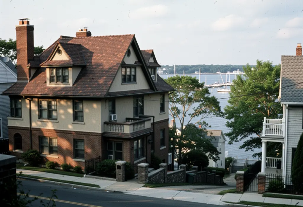A prewar brick and stucco house with a steep tiled roof and dormers on a hilly street on a Long Island peninsula