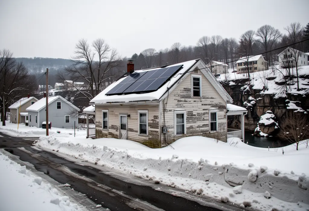 A village house with rooftop solar panels under deep snow on high ground above a creek gorge in southern Erie County New York
