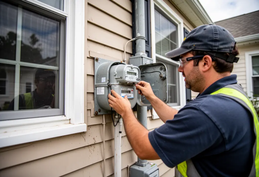 A utility worker changing an electric meter on the outside wall of a suburban Long Island house, meter socket open